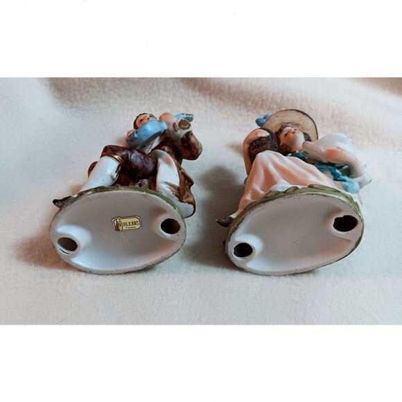 Pair Vtg Norleans Bisque Figurines Georgian Couple lute jug bird Perfect 5.5" - Picture 4 of 5